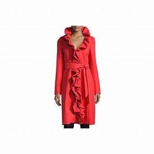 Milly Flame Red Ruffle Front Belted Knee-Length Coat Size 4 NWT